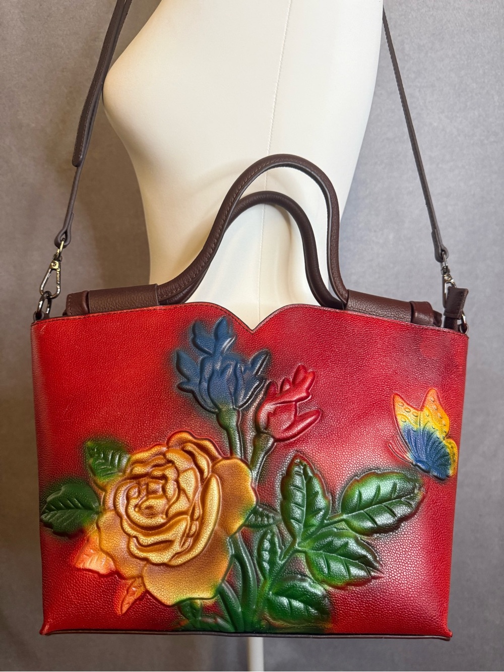 Red Floral Hand-Painted Embossed Leather Satchel Crossbody Tote Bag